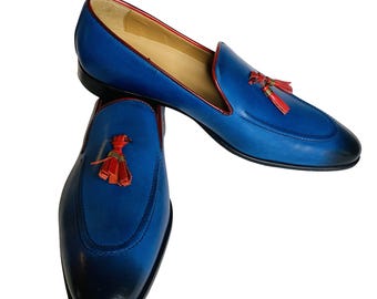 Handmade Leather Tassel Loafers: Blue Slip-On Dress Shoes
