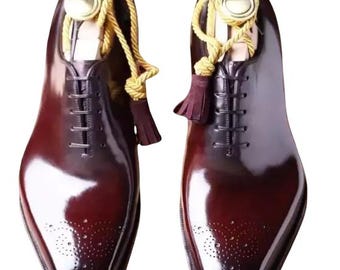 Scarpe casual stringate Oxford da uomo in pelle marrone, fatte a mano