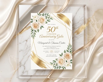Invito per il 50° anniversario d'oro, elegante invito floreale bianco, biglietto di anniversario stampabile, modello modificabile.