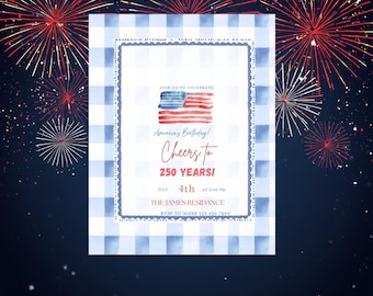 Patriotisk akvarellinbjudan: Amerikansk flagga, ginghammönster, 250-årsjubileum (digital nedladdning)