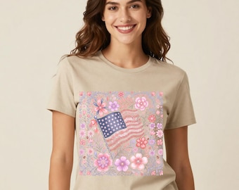 4 juli blommig amerikansk flagga PNG, vintage blocktryckdesign (digital nedladdning)