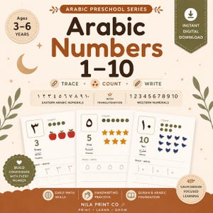 Könnte beinhalten: Ein digitales Lernblatt-Set mit dem Titel Arabic Preschool Series Arabic Numbers 1-10. Es enthält östliche und westliche Ziffern, Zählübungen mit Äpfeln, Sternen und Vögeln sowie Nachspurübungen für Kinder im Alter von 3-6 Jahren.