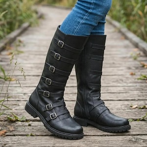 Stivali da combattimento a metà polpaccio in pelle nera / Scarpe lunghe con fibbia in stile gotico punk / Calzature per cosplay medievale