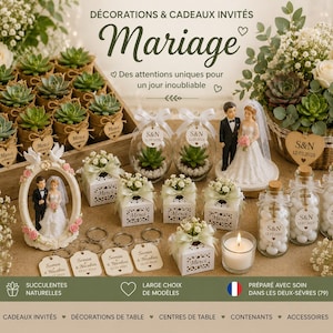 Peut inclure: Un ensemble de cadeaux d'invités pour mariage comprenant des succulentes en pots avec toile de jute, des boules en verre avec succulentes, des boîtes à dragées blanches découpées au laser, des bouteilles en verre, des porte-clés et une figurine de mariés.