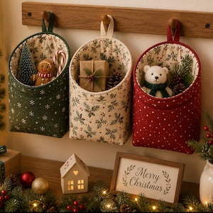 May include: Three fabric hanging storage pockets in dark green, cream, and red, featuring snowflake and holly patterns. The pockets contain a gingerbread man, a gift box, and a white teddy bear, all suspended from a wooden wall rack.
