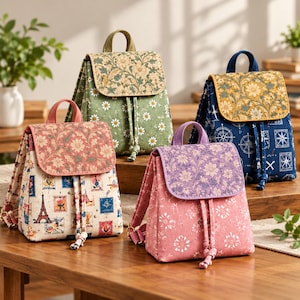 May include: Four small backpacks with drawstring closures and top flaps. One is cream with postage stamp prints, one is green with daisy patterns, one is blue with compass motifs, and one is pink with white floral designs.