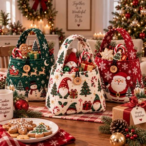 Könnte beinhalten: Drei weihnachtliche Geschenkkörbe aus Stoff mit Henkeln und Holzknopfverschlüssen. Der grüne Korb zeigt den Weihnachtsmann im Schlitten, der weiße Korb Wichtel und der rote Korb den Weihnachtsmann. Alle sind mit festlichen Weihnachtsmustern verziert.