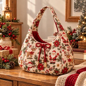 Könnte beinhalten: Eine gesteppte Hobo-Tasche aus cremefarbenem Stoff mit festlichem Weihnachtsmuster aus Weihnachtsmann, Rentieren, Schneemännern, Weihnachtssternen und Tannenzweigen. Die Tasche hat einen einzelnen Schulterriemen und eine rote Zierkordel mit goldenen Enden.