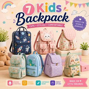 Könnte beinhalten: Eine Sammlung von sieben Kinderrucksäcken in verschiedenen Farben und Mustern, darunter Weltraummotive mit Astronauten, Blumenmuster mit Katzengesicht, Kirschmotive, Hasendesigns, ein grüner Dinosaurier, lila Gänseblümchen und bunte Autos.