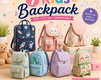 May include: A collection of seven kids' backpacks in various colors and patterns, including space themes with astronauts, floral prints with a cat face, cherry motifs, rabbit designs, a green dinosaur, purple daisies, and colorful cars.