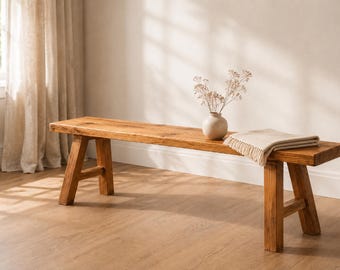 無垢材の素朴なファームハウス風細身ベンチ｜手作りの玄関用座席家具