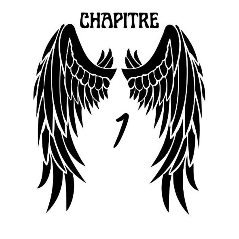 May include: A black graphic design featuring two symmetrical feathered wings positioned on either side of the number 1. Above the wings, the word CHAPITRE is written in a stylised black font. The entire design is set against a plain white background.