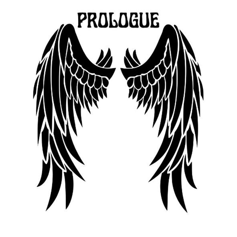 May include: A black graphic decal featuring two symmetrical feathered wings positioned side by side. The word PROLOGUE is printed in a bold, stylised black font centred above the wings. The design consists of sharp, pointed feather details.