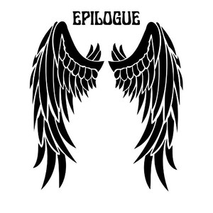 May include: A black graphic design featuring two symmetrical feathered wings positioned side by side. The word EPILOGUE is printed in a bold, stylized black font centred above the wings. The entire illustration is set against a plain white background.