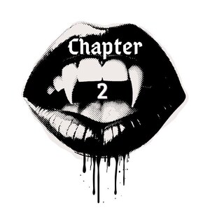 May include: A black and white graphic sticker featuring a pair of lips with sharp fangs. The word Chapter is printed in a gothic font above the number 2, which is centered between the teeth. Black ink drips from the bottom of the lower lip.