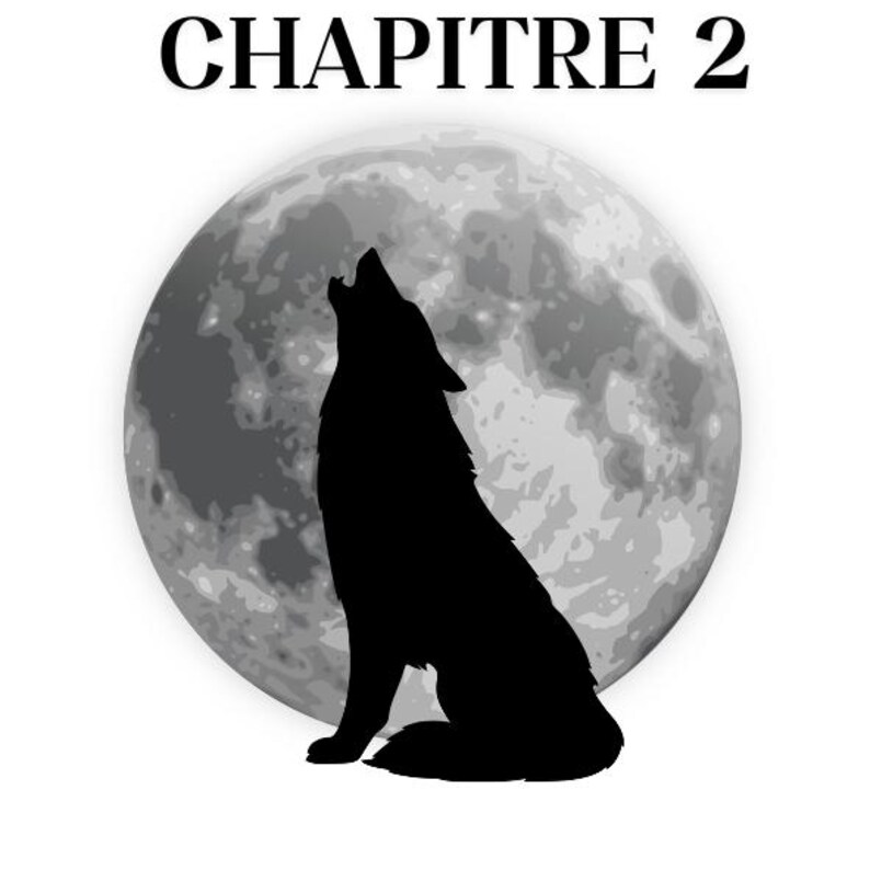May include: A graphic illustration featuring a black silhouette of a wolf howling at a large, detailed grey full moon. Above the moon, the text CHAPITRE 2 is printed in a bold, black, serif font against a plain white background.