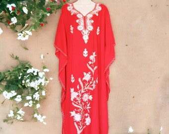 Kaftan Dress (Red with Multi Hand Embroidered Flowers)
