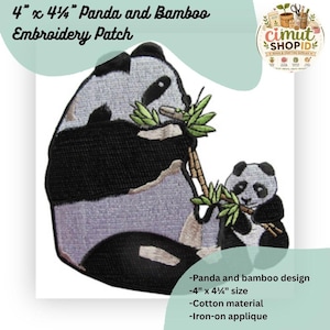 May include: An embroidered patch measuring 4 inches by 4.25 inches featuring a large panda and a smaller panda eating green bamboo stalks. The design uses black, white, and gray thread to depict the pandas against a white background.