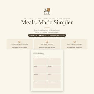 May include: A digital meal planner template featuring the text Meals, Made Simpler and Weekly Meal Map. The layout includes sections for balanced meal formulas, safe-food options, and low-energy backups, presented in a clean, beige color palette.
