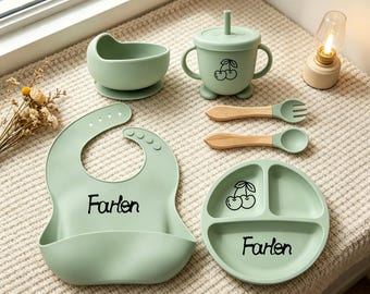 Custom Name Infant Dining Kit, Silicone Plate Bib Spoon Combo