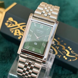 Vintage Seiko Sage Green Tank Watch Stainless Steel Bracelet