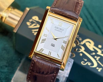 Classic Seiko Tank Style Watch with White Face and Brown Crocodile Leather Strap