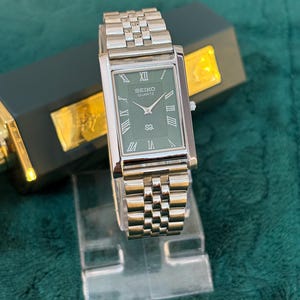 Minimalist Seiko Quartz Tank Watch Sage Green Dial Watch
