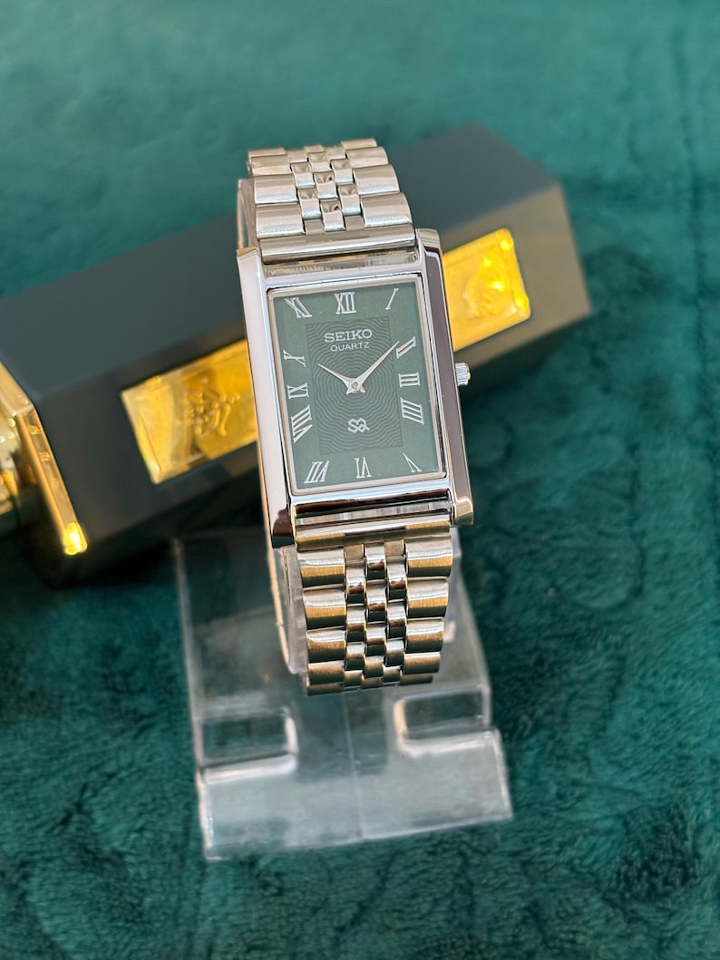 Minimalist Seiko Quartz Tank Watch Sage Green Dial Watch