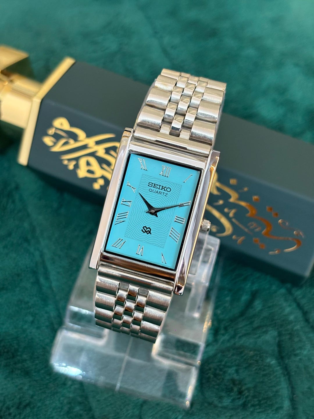 80s Vintage Seiko tank 腕時計 タンク アイスブルー文字盤 Vintage Seiko Tiffany Blue Dial Tank Watch Stainless Steel