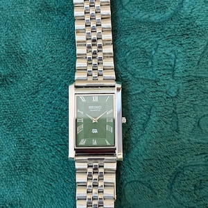 Seiko Quartz Rectangle Watch Olive Green Roman Dial Watch