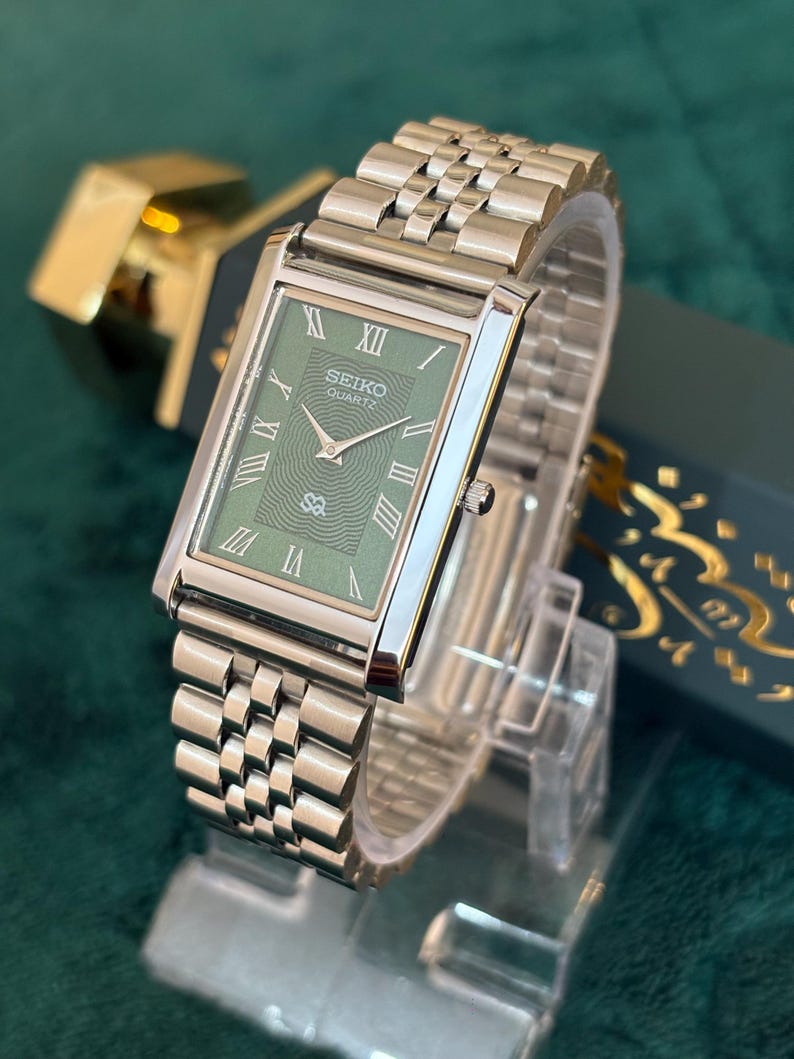Vintage Inspired Seiko Dress Watch Green Rectangle Watch