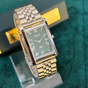 Classic Seiko Tank Style Watch Green Dial Steel Bracelet