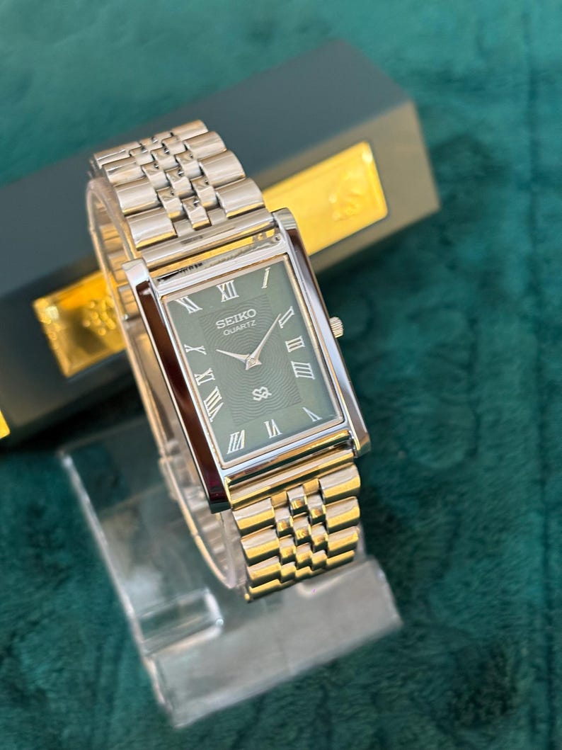 Classic Seiko Tank Style Watch Green Dial Steel Bracelet