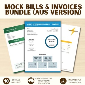 May include: A digital bundle of mock bills and invoices for Australia, featuring three distinct document templates in green, blue, and white. The text includes MOCK BILLS & INVOICES BUNDLE (AUS VERSION), 10 FILES INCLUDED, and INSTANT PDF DOWNLOAD.