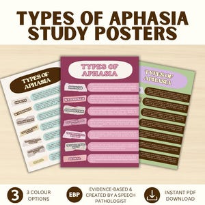 Può includere: Tre poster educativi intitolati Types of Aphasia, ognuno con un elenco di tipi di afasia tra cui Brocas, Wernickes, Conduction, Transcortical Motor, Transcortical Sensory, Transcortical Mixed e Global con testi descrittivi per ciascuno.