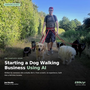 Könnte beinhalten: Ein Mann geht mit mehreren Hunden an der Leine auf einem Weg. Das Bild enthält den Text "Starting a Dog Walking Business Using AI" und "£80k/yr". Zu den Hunden gehören ein Golden Retriever, ein weißer Pyrenäenberghund und andere Rassen.
