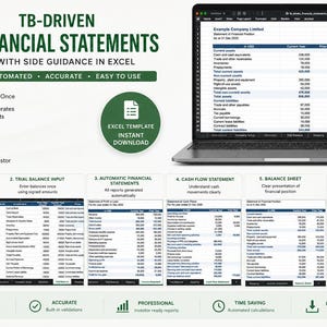 May include: A laptop displays an Excel spreadsheet with financial data. The image promotes a TB-driven financial statement template with automated features, side guidance, and investor-ready reports. The design includes green accents and icons.