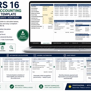 May include: A laptop screen shows an Excel template for IFRS 16 lease accounting. The template automates calculations, journal entries, and audit processes. It includes present value and lease liability calculations, and amortization schedules.