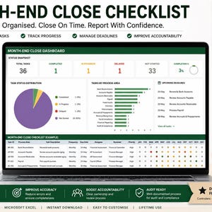 May include: A laptop displays a month-end close checklist template. The screen shows a dashboard with task status, a pie chart, and a detailed checklist. Text includes "Complete Tasks," "Track Progress," and "Manage Deadlines."