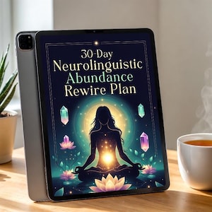 May include: A tablet displaying the text 30-Day Neurolinguistic Abundance Rewire Plan, featuring a central silhouette of a person in a meditative pose surrounded by glowing crystals and lotus flowers against a dark blue background.