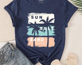 Camiseta azul marino con estampado de palmeras, ideal para vacaciones tropicales en la playa (mezcla de viscosa).