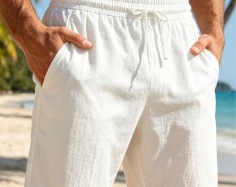 Bermudas blancas de lino para hombre, cintura con cordón ajustable y bolsillos (95% lino).