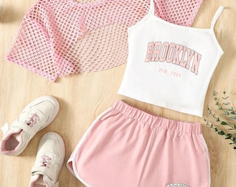 Conjunto de verano de 3 piezas para adolescentes, camisola de capas, shorts deportivos, atuendo deportivo para vacaciones.