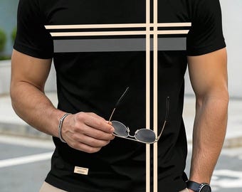 Camiseta de hombre con estampado de retazos y bloques de color en azul, de punto elástico (corte regular).