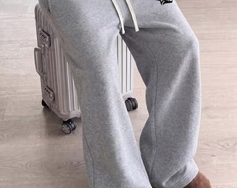 Pantalones deportivos de punto gris claro para hombre, corte holgado, forrados, con estampado de letras (estilo athleisure)