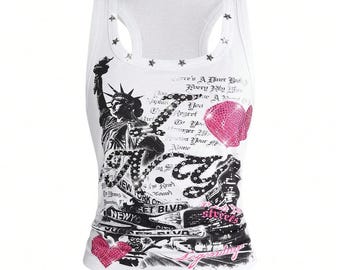 Camiseta sin mangas blanca con estampado de Halloween, estilo retro Y2K, cuello redondo, corte ajustado.