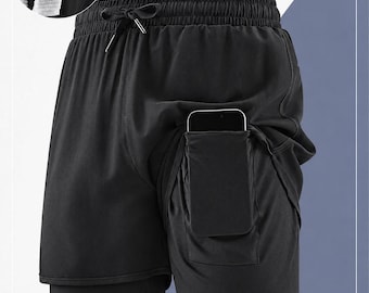 Pantalones cortos deportivos negros forrados para hombre, pantalones cortos ligeros para correr y con bolsillos.