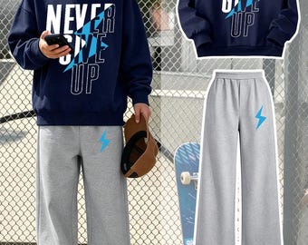 Conjunto de sudadera azul marino para niño, estampado de letras y rayos, y pantalón de pierna ancha (2 piezas)