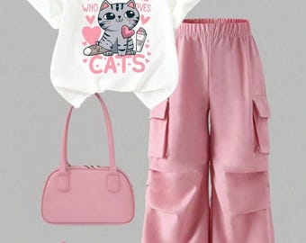 Conjunto de camiseta blanca estampada y pantalones cargo rosas para niñas, ideal para amantes de los gatos.