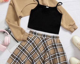 Conjunto de 3 piezas color caqui para preadolescentes: sudadera con hombros caídos, falda a cuadros y camisola (primavera/otoño).
